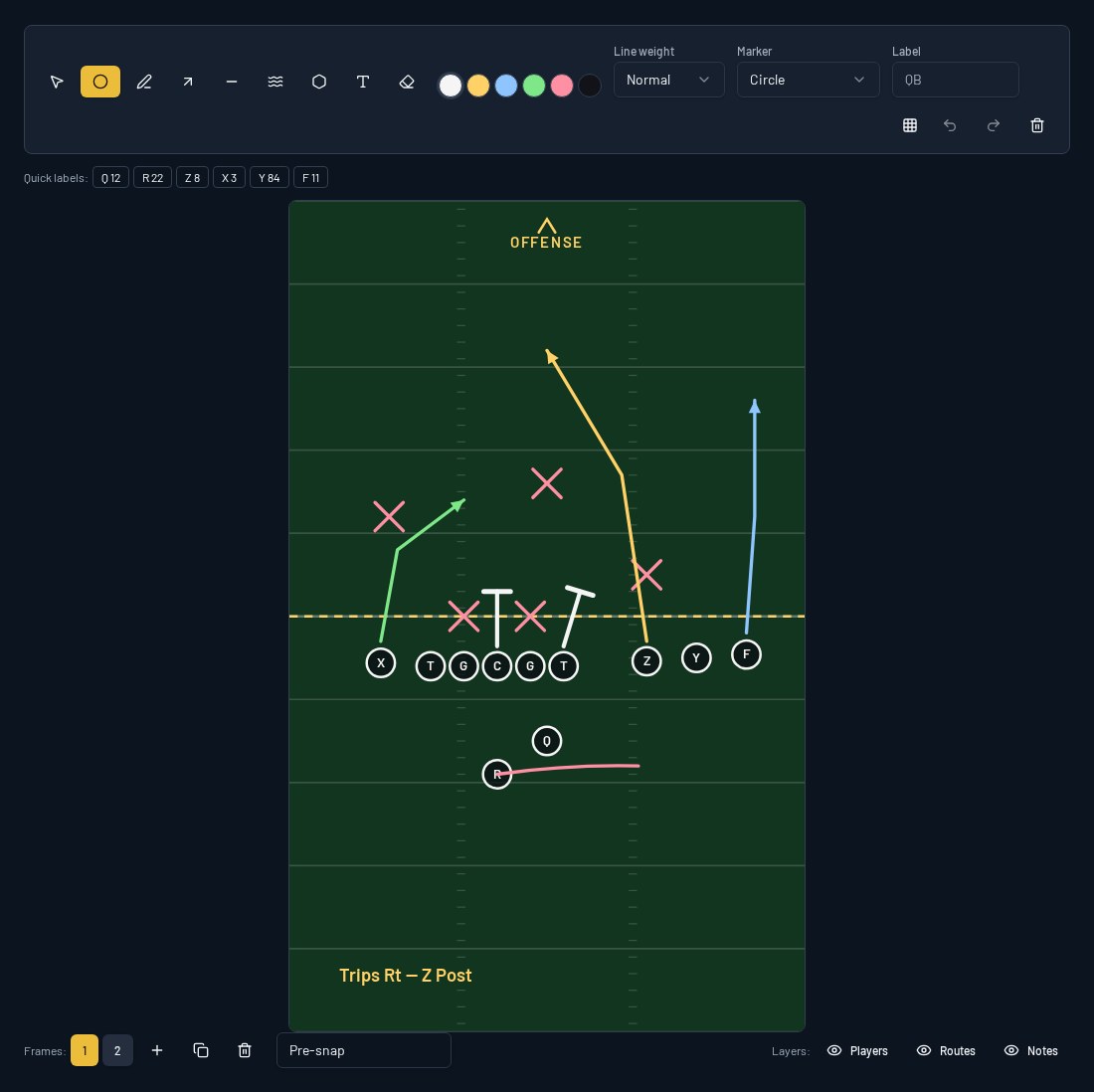 Plays Manager Play Designer showing a football play with player markers, routes and drawing controls