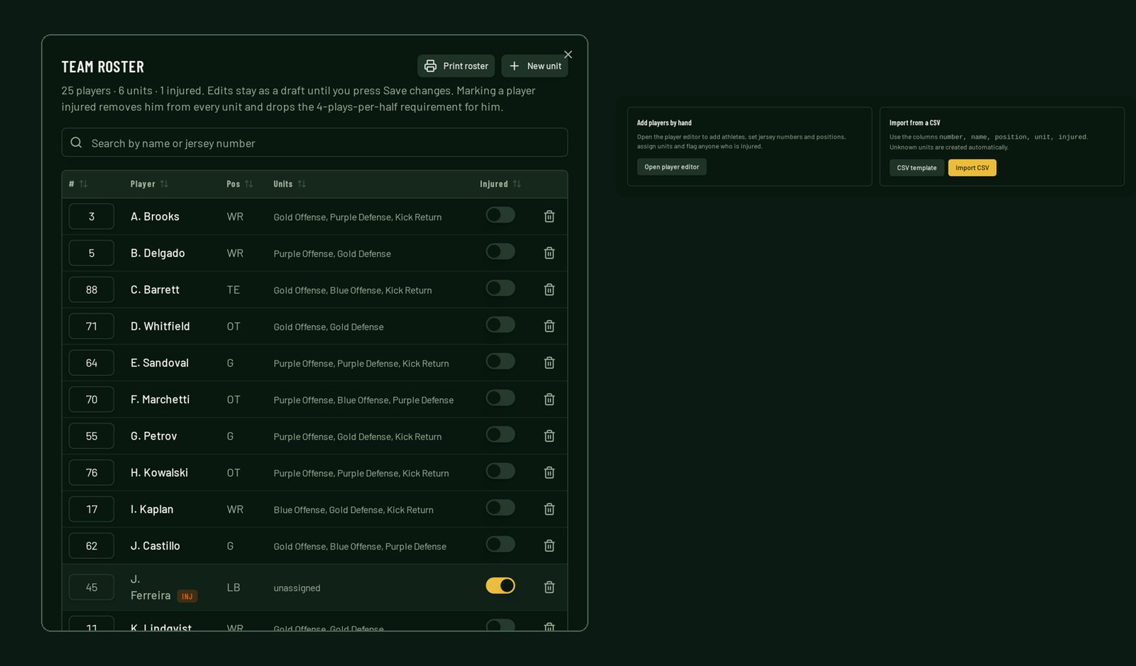 The team roster editor with jersey numbers, positions, unit assignments and injury toggles, next to the CSV import panel.